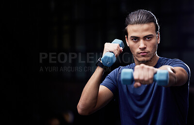 Buy stock photo Portrait, fitness and man with dumbbells in studio for training, health and exercise on black background with mockup. Face, weightlifting and guy at gym for workout, wellness and muscle goals mock up