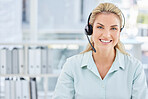 Call center, smile and portrait of telemarketing worker, customer support and consultant advice at crm company. Contact us, customer service and employee consulting online at a communication business