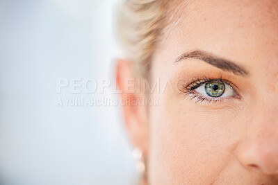 Buy stock photo Half face, eyes and woman with mockup, focus and vision, awareness and natural cosmetics in Ireland. Closeup portrait of female, lady and seeing human with mock up, healthy perception and eye test