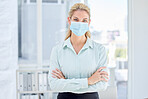Business woman, arms crossed and covid in modern office compliance, bacteria safety or virus security. Portrait, employee and worker in medical face mask, Canada company or financial planning startup