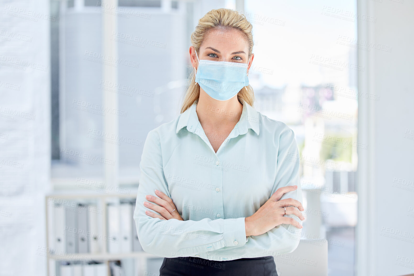 Buy stock photo Business woman, arms crossed and covid in modern office compliance, bacteria safety or virus security. Portrait, employee and worker in medical face mask, Canada company or financial planning startup