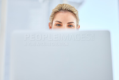 Buy stock photo Woman, laptop and office for reading, research or focus with eyes, IT or information technology. Mobile computer girl, iot and data analytics on internet, web and cybersecurity with vision in Sweden