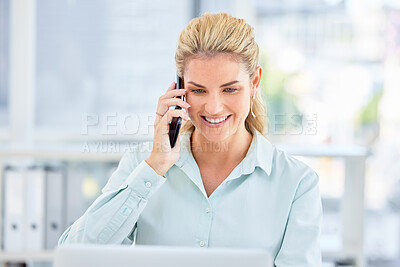 Buy stock photo Business woman, phone call and happy accountant working at a office desk computer with a smile. Communication, financial conversation and online planning of a worker busy with job schedule project