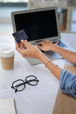 Buy stock photo Laptop, credit card and woman doing online shopping in office with sale, discount and promotion. Ecommerce, technology and lady paying her bills, debt or purchase with internet banking and technology