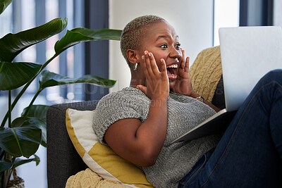 Buy stock photo Laptop, surprise and excited black woman on sofa shocked with win of digital lottery, competition or award. Wow news, prize winner and girl on gambling website play online poker, bingo or casino game