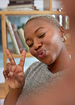 Peace, sign and black woman for selfie or social media with happiness, confident or relax. African American girl pouting, young female or trendy hand gesture for celebration, results or share picture
