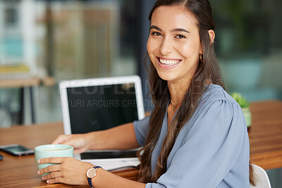 Buy stock photo Coffee shop, laptop and face of woman with remote work, online management career and virtual networking job with smile. Happy woman working in a restaurant or cafe with coffee break and portrait