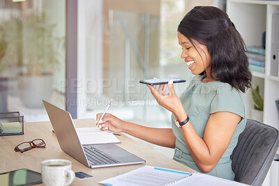 Buy stock photo Business woman, phone call and talking with laptop, for conversation and planning. Black woman, entrepreneur and business owner speaking on smartphone and write strategy in notebook or voice message
