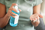 Sanitizer, hand and woman disinfecting for germs, bacteria or dirt in office for covid regulations. Virus, pandemic and professional employee sanitizing her hands for hygiene with antibacterial gel.
