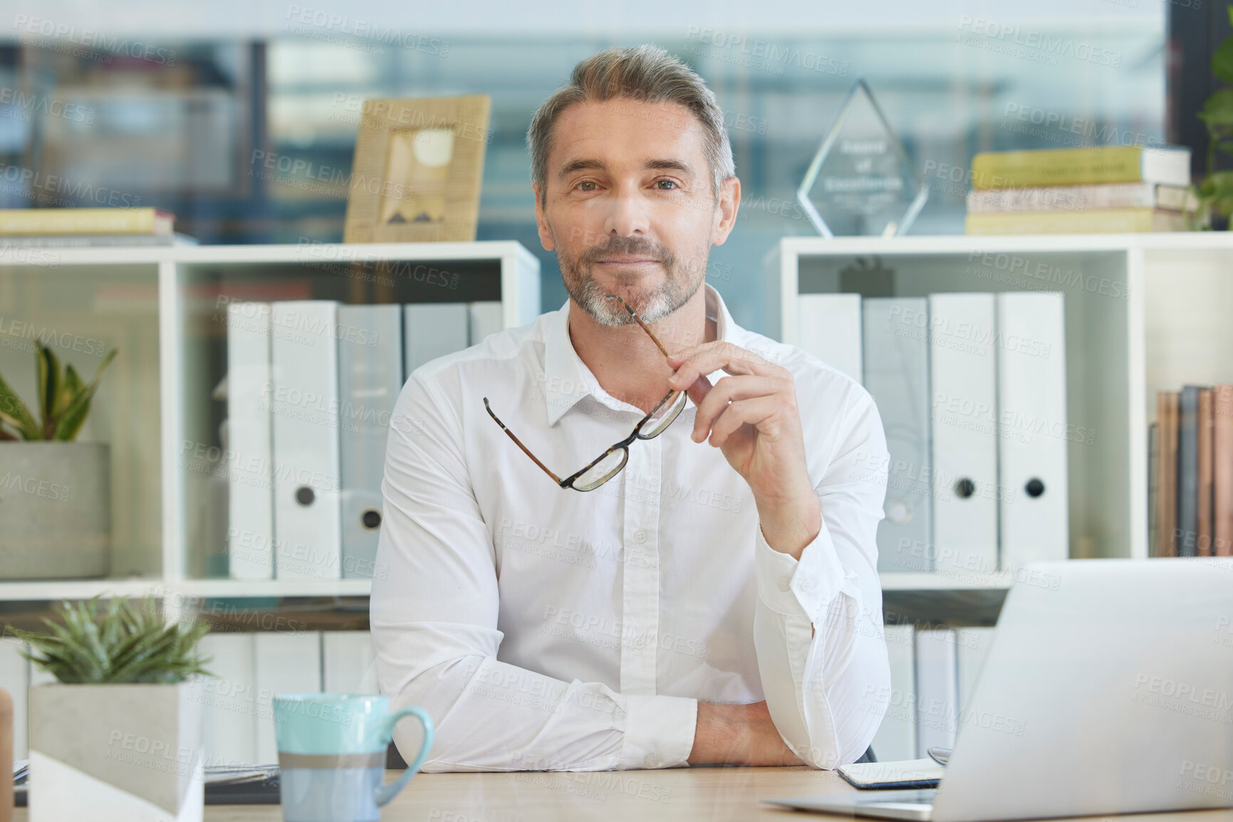 Buy stock photo Portrait, businessman or ceo in leadership thinking of a creative advertising or marketing strategy in office building. Face, vision or thoughtful boss with glasses with growth mindset or solutions