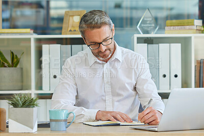 Buy stock photo Businessman, writing in notebook and working in accounting firm for business tax, compliance and financial planning. Finance reports, sales analyst and accountant with strategy for investment audit 