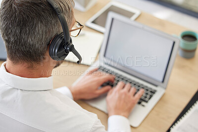 Buy stock photo Call center, laptop screen and businessman with consulting strategy, information technology support and website e commerce management. Telemarketing, telecom and business man typing on technology app