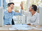 Call center, high five and teamwork success, celebration and telemarketing deal, sales target and winner collaboration. Customer support workers celebrate goals, motivation and business trading bonus
