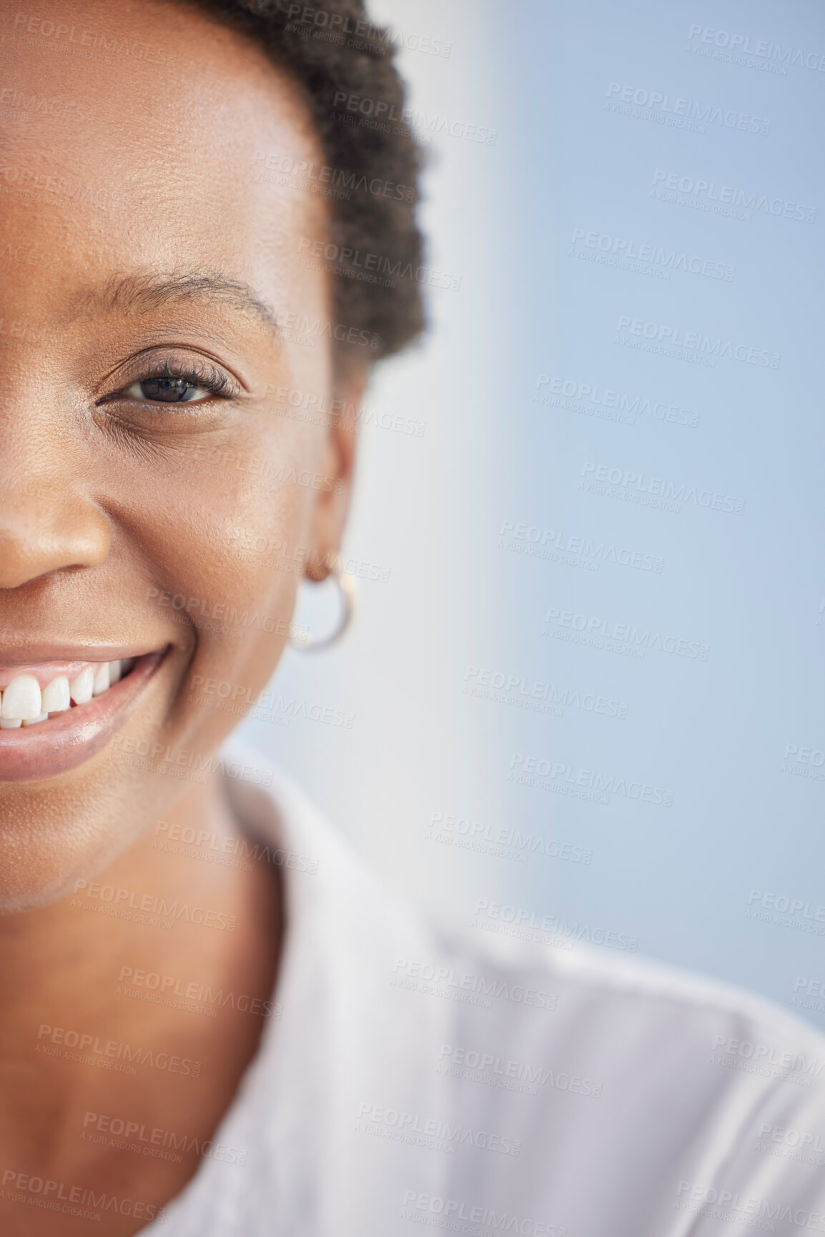 Buy stock photo Half, face and happy black woman with mockup, smile and happiness on blue background in Nigeria. Split portrait of young african girl with happiness, beauty and motivation for vision on mock up space