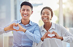 Portrait of diversity team with heart sign for corporate care, business solidarity or staff teamwork support. Asian man, African black woman or happy workforce with emoji love symbol, gesture or icon