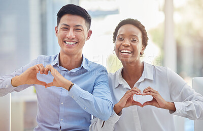 Buy stock photo Portrait of diversity team with heart sign for corporate care, business solidarity or staff teamwork support. Asian man, African black woman or happy workforce with emoji love symbol, gesture or icon