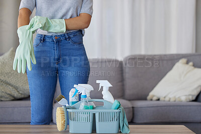 Buy stock photo Black woman hands for cleaning, product in basket on table for home maintenance tools or living room spring cleaning. Cleaner, container or maid with brush or liquid spray bottle for cleaning service