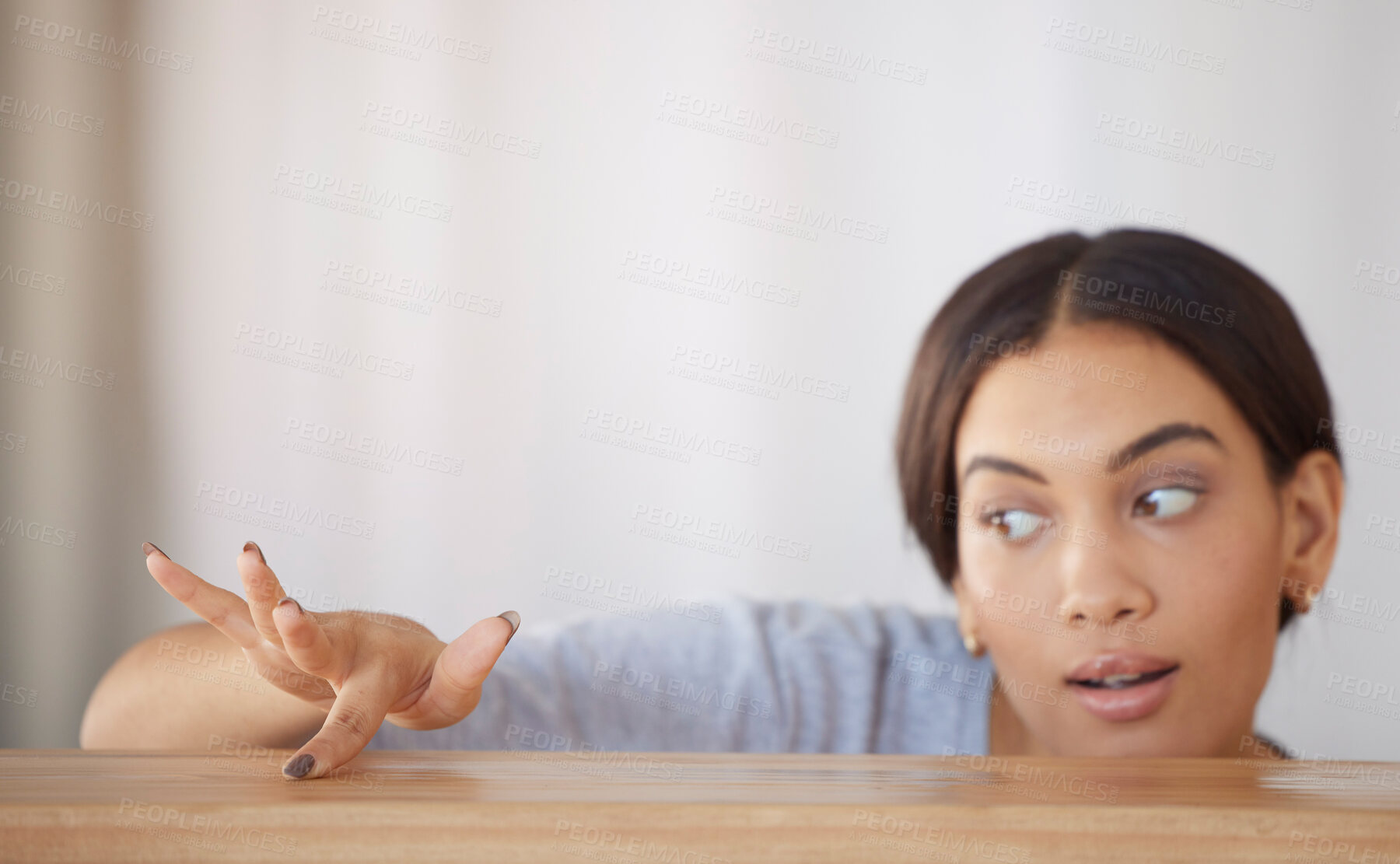 Buy stock photo Woman, finger or dust table in hygiene maintenance, healthcare wellness or dirty surface check in house, home or hotel. Curious maid, cleaner or housekeeping worker and wooden desk in spring cleaning