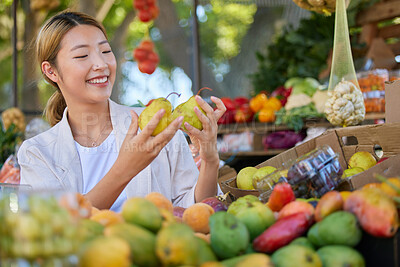 Buy stock photo Woman, fruit and grocery shopping in outdoor market, pear choice and health product with food and nutrition in Seoul marketplace. Store, happy Asian customer and retail with sale, vegetable and smile