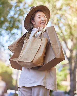 Buy stock photo Shopping, street and woman portrait from Japan happy about retail sales and fashion deal. Sale, walking and Asian person with happiness and store bags with a smile from mall promotion and discount