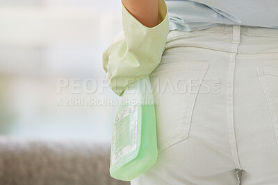 Buy stock photo Back view of woman, cleaning service and spray bottle with gloves for home maintenance of dirt, bacteria and dust. Closeup hands of maid, cleaner and ready for housekeeping with chemical detergent 