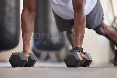 Buy stock photo Weights, training and arms of a man in the gym, strong fitness and muscle building on the floor. Health, body and athlete strength training with a plank during a workout and exercise for health