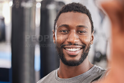 Buy stock photo Gym, wellness and workout selfie of black man in Chicago, USA ready for healthy lifestyle exercise. Fitness, training and health club photograph of person excited for cardio session with smile.