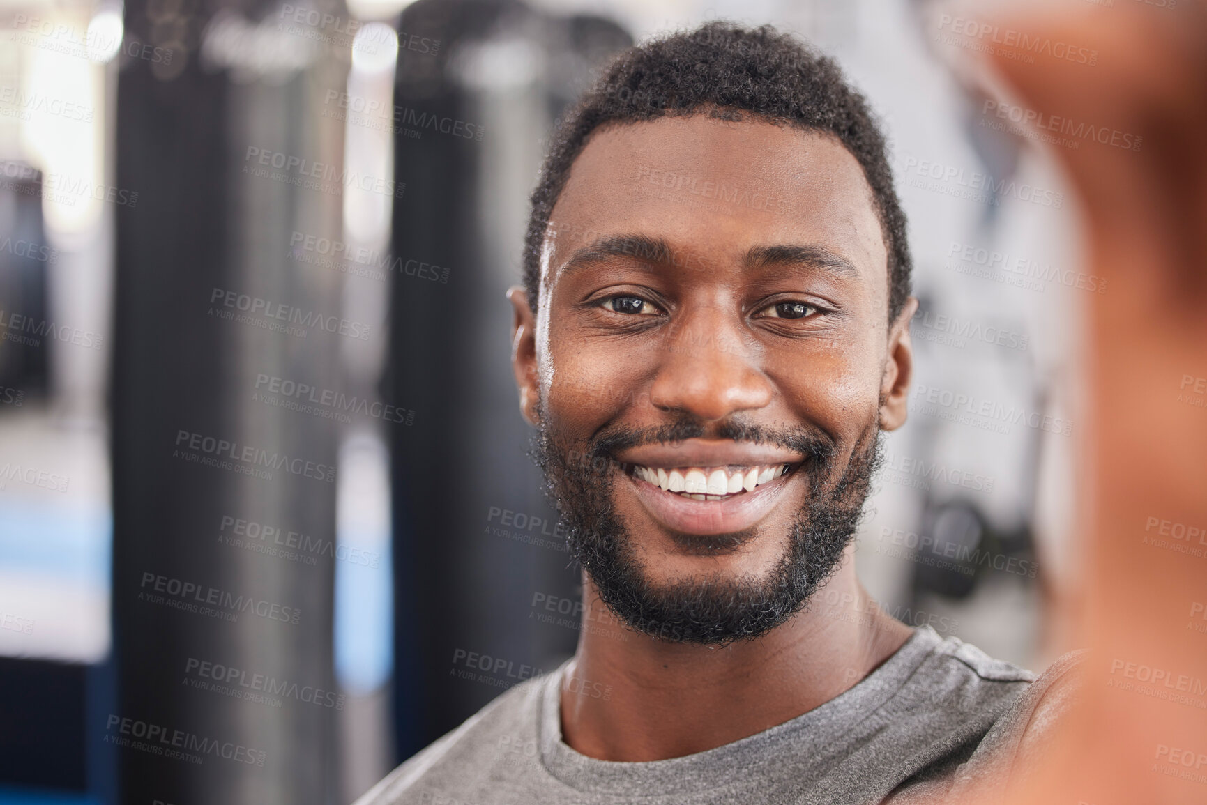 Buy stock photo Gym, wellness and workout selfie of black man in Chicago, USA ready for healthy lifestyle exercise. Fitness, training and health club photograph of person excited for cardio session with smile.