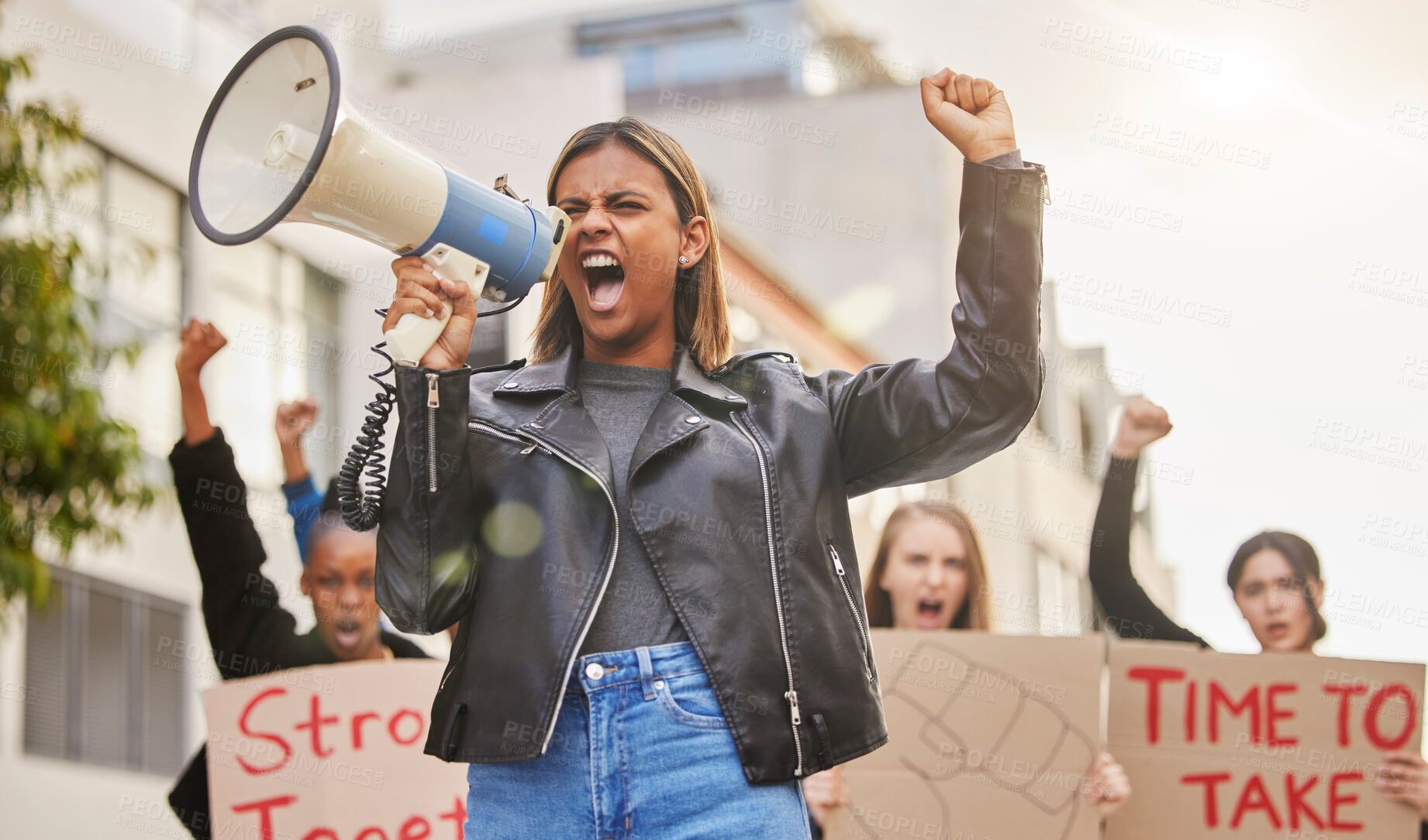 Buy stock photo Protest, shouting and woman with megaphone in city marching for gender equality, justice and freedom. Demonstration, social change and crowd of people for human rights, free speech and and revolution