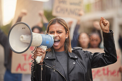 Buy stock photo Justice, megaphone and shouting with woman in protest for equality, freedom and support for change. Global fight, social and future with girl in crowd for human rights, community and revolution