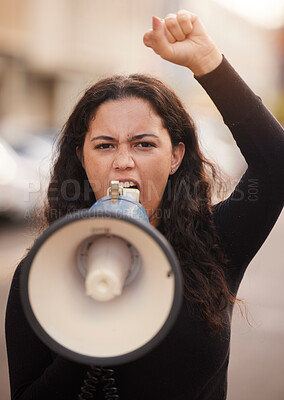 Buy stock photo Woman, face and megaphone for protest in city street for human rights, change empowerment and community equality. Gen z girl, angry and fight for government support, revolution and democracy in Iran