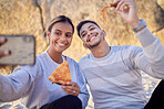 Happy couple, selfie and pizza while at the beach for a picnic date together with food, phone and happiness while outdoor in nature. Man and woman with phone and lunch while online for profile update