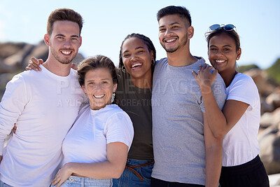 Buy stock photo Hug, happy and portrait of friends at the beach, ocean travel and smile on holiday in Miami. Nature, summer diversity and men and women at the sea for vacation, affection and happiness as a group