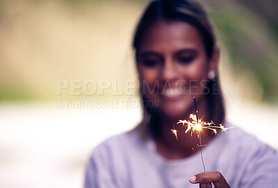 Buy stock photo Party, birthday and woman with sparkle in hand for Christmas, festival celebration and new years. Light, fireworks and girl holding sparkler to celebrate holiday, vacation and festive event in nature