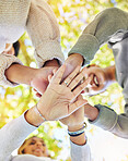 Hands stack, support with trust and team building outdoor, commitment and solidarity, group of people for development and growth. Team, collaboration and agreement, community and hand palm low angle.