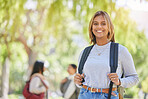 Education, backpack and college with portrait of woman on campus for learning, scholarship and knowledge. Study, future and university with girl student back to school for academy, exam and goal