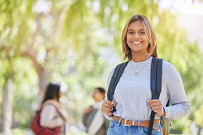 Buy stock photo Education, backpack and college with portrait of woman on campus for learning, scholarship and knowledge. Study, future and university with girl student back to school for academy, exam and goal