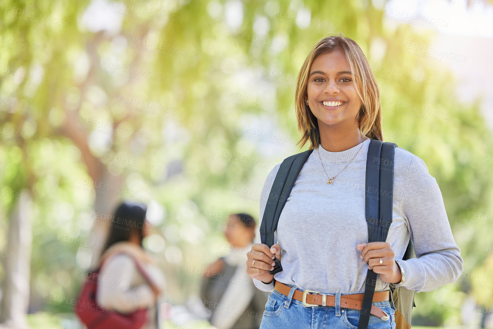 Buy stock photo Education, backpack and college with portrait of woman on campus for learning, scholarship and knowledge. Study, future and university with girl student back to school for academy, exam and goal