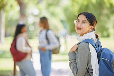 Buy stock photo School, campus and student in a park for education, knowledge and learning on a college scholarship in Canada. Nature, smile and portrait of a girl at university for future, motivation and studying