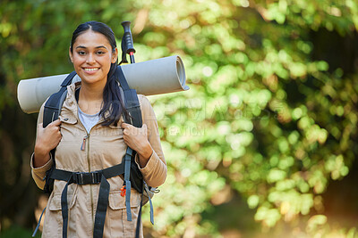 Buy stock photo Forest, woman or camper hiking in nature with a backpack with camping gear in a relaxing holiday vacation in New Zealand. Travel, portrait or happy girl hiker trekking or walking for healthy exercise