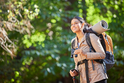Buy stock photo Woman, happy hiking and nature with backpack, trees or binocular in sunshine on forest journey. Hiker girl, smile and summer camping in woods, outdoor freedom or trekking on dream adventure in Amazon