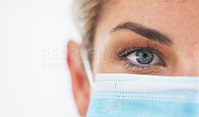 Buy stock photo Covid health, eye or woman with mask for healthcare, wellness or medical protection from virus, bacteria or corona. Zoom portrait, face or girl from Canada for medicine, hospital compliance or safety