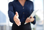 Welcome, trust and woman with hand out for handshake in support or gratitude. Offer to shake hands, thank you and friendly hello at job interview for contract deal or partnership at business meeting.