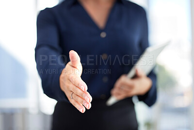 Buy stock photo Welcome, trust and woman with hand out for handshake in support or gratitude. Offer to shake hands, thank you and friendly hello at job interview for contract deal or partnership at business meeting.