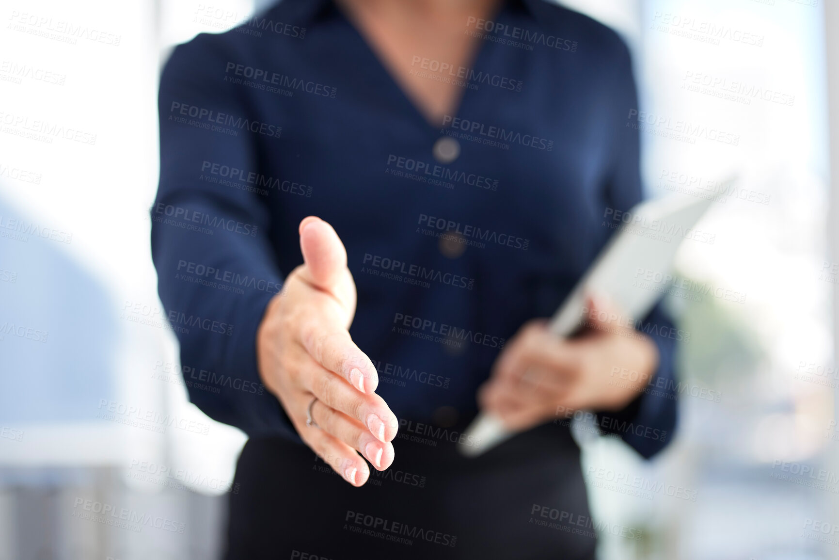 Buy stock photo Welcome, trust and woman with hand out for handshake in support or gratitude. Offer to shake hands, thank you and friendly hello at job interview for contract deal or partnership at business meeting.