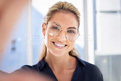 Buy stock photo Success, selfie and portrait of business woman in corporate office with vision, ideas and motivation. Leadership, startup and happy female entrepreneur take photo in modern workplace in Canada