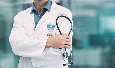 Buy stock photo Healthcare, leader and doctor with stethoscope in hand, boss working at hospital or clinic. Help, success and support, confident medical professional or health care employee with leadership at work.