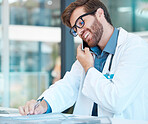 Doctor, man and phone call while writing notes for healthcare results, telehealth consulting and surgery planning with life insurance papers. Happy medical worker talking on smartphone with documents