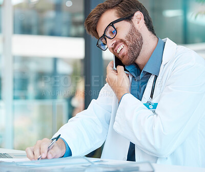 Buy stock photo Doctor, man and phone call while writing notes for healthcare results, telehealth consulting and surgery planning with life insurance papers. Happy medical worker talking on smartphone with documents