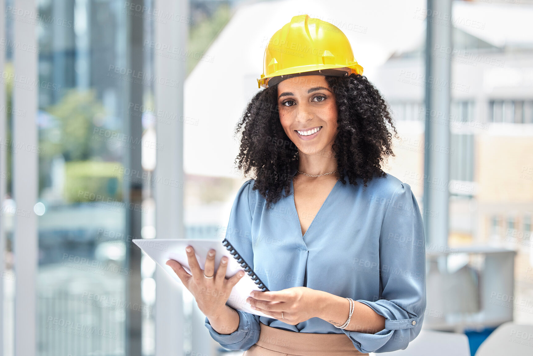 Buy stock photo Architecture, plan and architect with a report for construction, building renovation and document for maintenance. Smile, designer and portrait of a creative worker with contractor paperwork